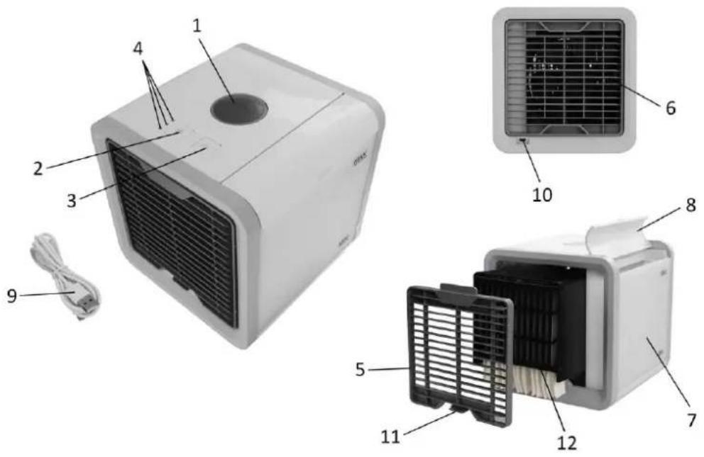 Exploded view diagram of a white air purifier with numbered parts and labeled parts
