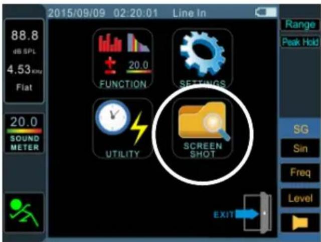 2015/09/09 02:20:01 Line In 88.8 dB SPL 4.53 kHz Flat 20.0 SOUND METER FUNCTION 20.0 SETTINGS UTILITY SCREEN SHOT EXIT Range Peak Hold SG Sin Freq Level →