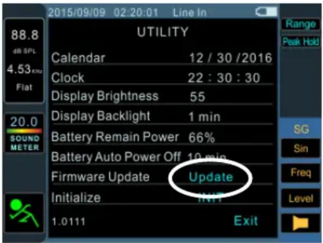 2015/09/09 02:20:01 Line In 88.8 dB SPL 4.53 KHz Flat UTILITY Calendar 12 / 30 /2016 Clock 22 : 30 : 30 Display Brightness 55 Display Backlight 1 min Battery Remain Power 66% Battery Auto Power Off 10 min Firmware Update Update Initialize INIT 1.0111 Exit Range Peak Hold SG Sin Freq Level