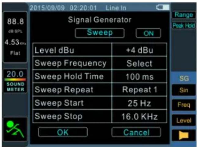 2015/09/09 02:20:01 Line In Signal Generator Sweep ON Level dBu +4 dBu Sweep Frequency Select Sweep Hold Time 100 ms Sweep Repeat Repeat 1 Sweep Start 25 Hz Sweep Stop 16.0 KHz OK Cancel Range Peak Hold SG Sin Freq Level