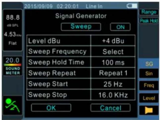 2015/09/09 02:20:01 Line in Signal Generator Sweep ON Level dBu +4 dBu Sweep Frequency Select Sweep Hold Time 100 ms Sweep Repeat Repeat 1 Sweep Start 25 Hz Sweep Stop 16.0 KHz OK Cancel 88.8 dB SPL 4.53 KHz Flat 20.0 SOUND METER Range Peak Hold SG Sin Freq Level