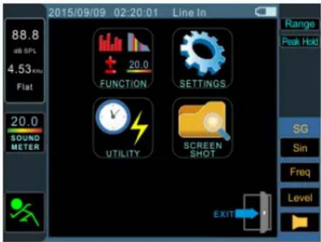 2015/09/09 02:20:01 Line In 88.8 dB SPL 4.53 KHz Flat 20.0 SOUND METER FUNCTION SETTINGS UTILITY SCREEN SHOT EXIT Range Peak Hold SG Sin Freq Level →