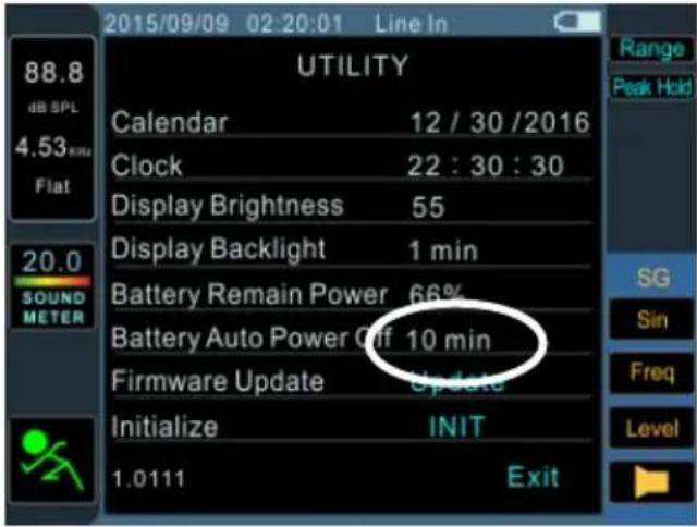2015/09/09 02:20:01 Line In 88.8 dB SPL 4.53 KM Flat UTILITY Calendar 12 / 30 /2016 Clock 22 : 30 : 30 Display Brightness 55 Display Backlight 1 min Battery Remain Power 66% Battery Auto Power Off 10 min Firmware Update Update Initialize INIT 1.0111 Exit Range Peak Hold SG Sin Freq Level