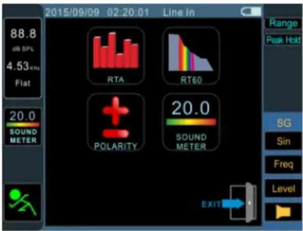 2015/09/09 02:20:01 Line In 88.8 dB SPL 4.53 KNU Flat 20.0 SOUND METER RTA RT60 POLARITY 20.0 SOUND METER EXIT Range Peak Hold SG Sin Freq Level →