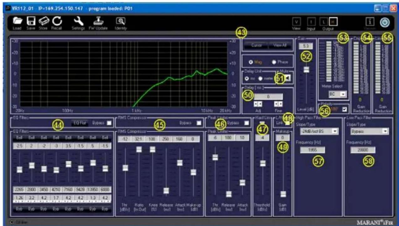 VR112_01 IP=169.254.150.147 program loaded: P01 Load Save Store Recall Settings Fw Update Identity 20Hz 100Hz 1 kHz 10 kHz 20 kHz EQ Filters: EQ Fill Bypass EQ Filters Ratio In-Out Knee T3 Release Ins1 Attack Ins1 Peak Under Peak Under Hard Line Line High Pass Filter Slope/Type 24dB/oot BS Frequency [Hz] 1966 Low Pass Filter Slope/Type Bypass Frequency [Hz] MARANT®IFIR