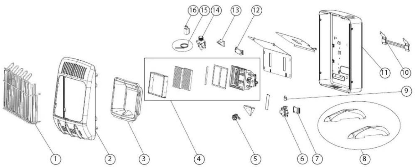 Exploded view diagram of a refrigerator internal components with numbered labels for identification.