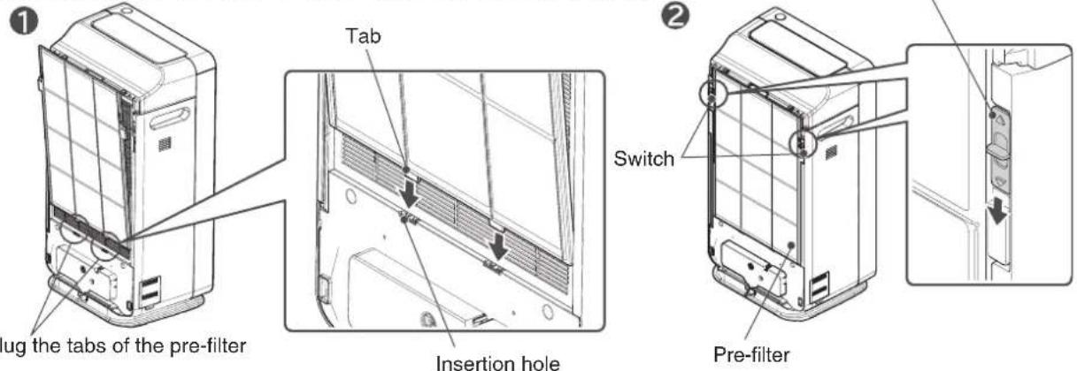① lug the tabs of the pre-filter Tab Insertion hole Switch ② Pre-filter