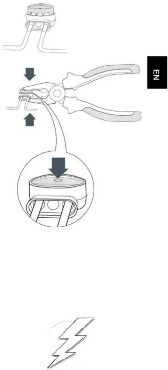 Diagram illustrating the process of a pliers tool, showing step-by-step installation and disassembly with a lightning bolt symbol.