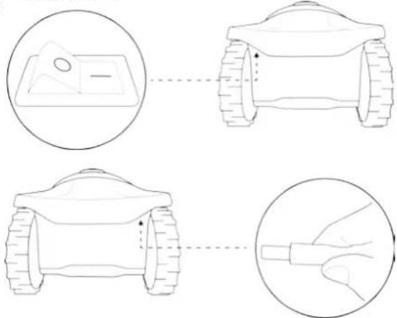 Diagram showing four stages of a robotic vehicle with labeled parts and hand positioning instructions