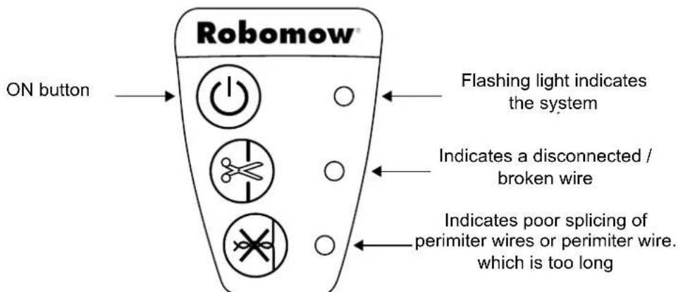 Robomow ON button Flashing light indicates the system Indicates a disconnected / broken wire Indicates poor splicing of perimiter wires or perimiter wire. which is too long