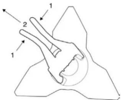 Technical diagram of a mechanical component with numbered parts and directional arrows indicating assembly or assembly.