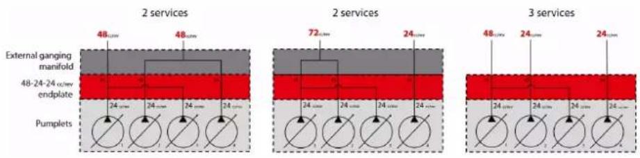 2 services External ganging manifold 48 cm 48 cm 24 cm 24 cm 24 cm Pumplets 2 services 2 services 24 cm 24 cm 24 cm 24 cm 3 services 2 services 2 services 24 cm 24 cm 24 cm 24 cm