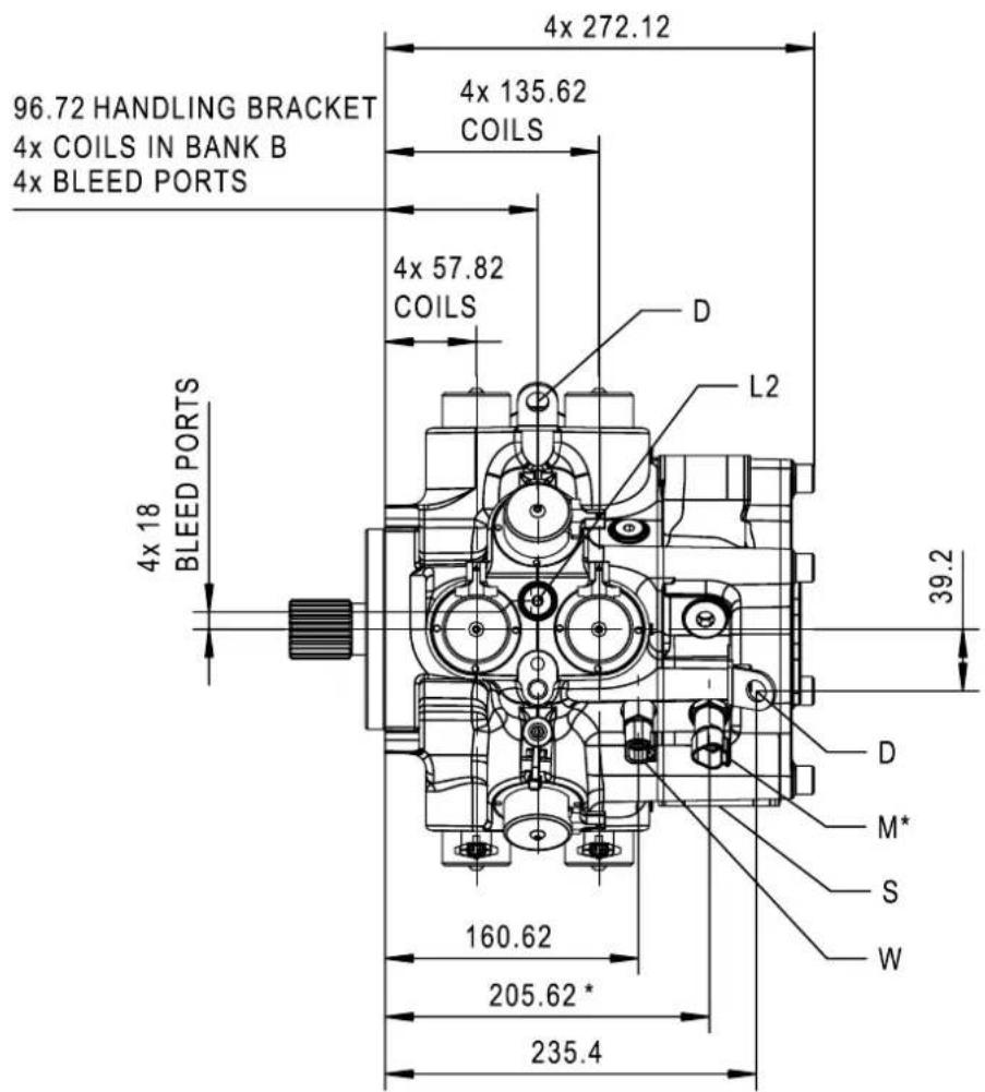 96.72 HANDLING BRACKET 4x COILS IN BANK B 4x BLEED PORTS 4x 18 BLEED PORTS 4x 272.12 4x 135.62 COILS 4x 57.82 COILS D L2 39.2 D M* S W 160.62 205.62* 235.4