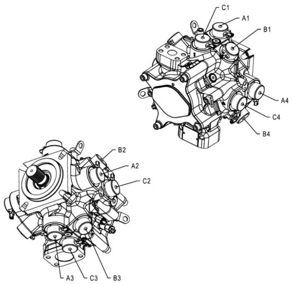 Technical diagram of a mechanical assembly with labeled components A1–A4 and B1–B4