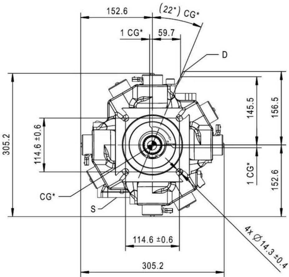 152.6 (22°) CG* 1 CG* 59.7 D 305.2 114.6 ±0.6 145.5 156.5 114.6 ±0.6 152.6 CG* S 4x Ø 14.3 ±0.4 305.2