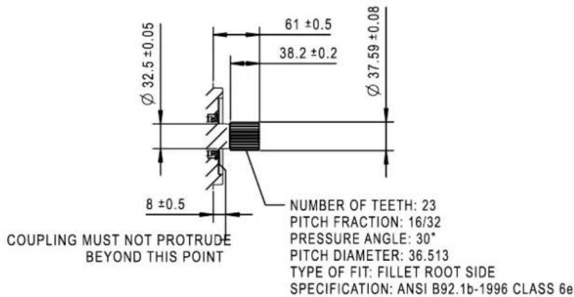 COUPLING MUST NOT PROTRUDE BEYOND THIS POINT 61 ±0.5 38.2 ±0.2 8 ±0.5 NUMBER OF TEETH: 23 PITCH FRACTION: 16/32 PRESSURE ANGLE: 30° PITCH DIAMETER: 36.513 TYPE OF FIT: FILLET ROOT SIDE SPECIFICATION: ANSI B92.1b-1996 CLASS 6e