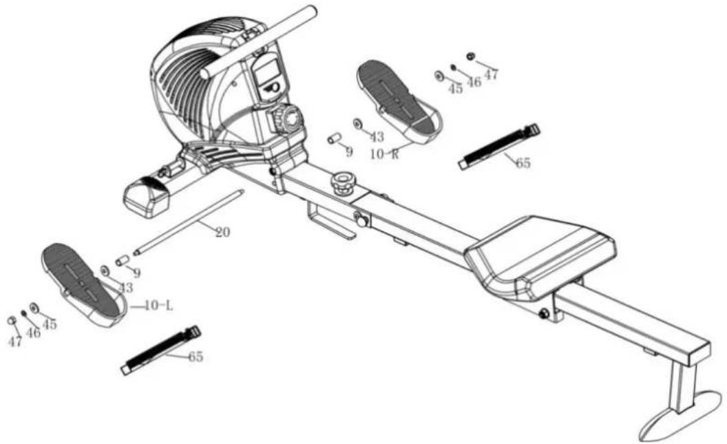 Technical diagram of a rowing machine with numbered components and labeled parts