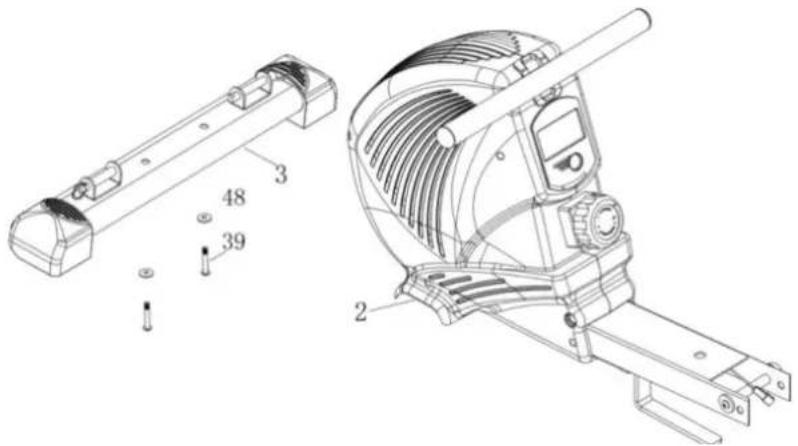 Technical diagram of a mechanical device with labeled parts and exploded view, including parts numbered 2, 3, 48, and 39.