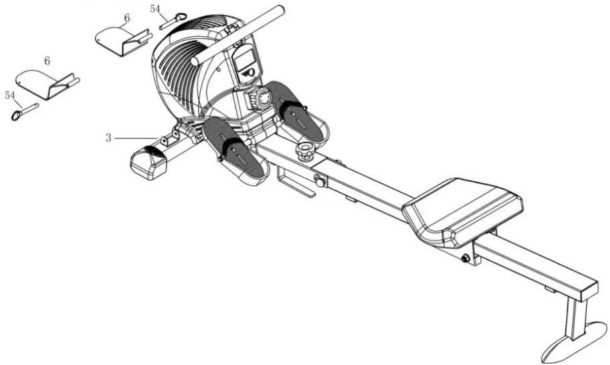 Technical diagram of a rowing machine with labeled parts including 3, 6, and 54 parts
