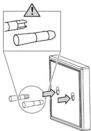 Diagram illustrating a safety warning with warning symbols and a magnified view of a device close to a door.