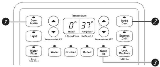Temperature Door Alarm Light Recommended 6°F Water Filter Reset Hold 3 Sec Water Crushed Cubed Quick Ice Hold 3 Sec 0° Refrigerator Actual Temp Set Temp Recommended 37°F Turbo Cool Express Chill Lock Controls