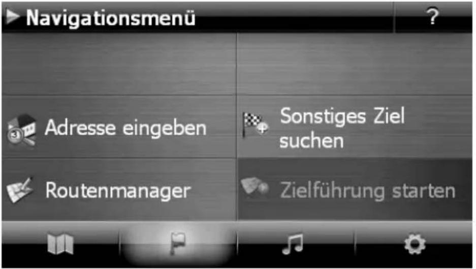 Navigationsmenü Adresse eingeben Routenmanager Sonstiges Ziel suchen Zielführung starten