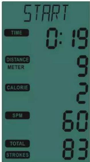 START TIME 0:19 DISTANCE 9 METER CALORIE 2 SPM 60 TOTAL 83 STROKES