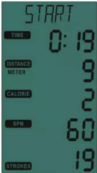 START TIME 0:19 DISTANCE 9 METER CALORIE 2 SPM 60 19 STROKES