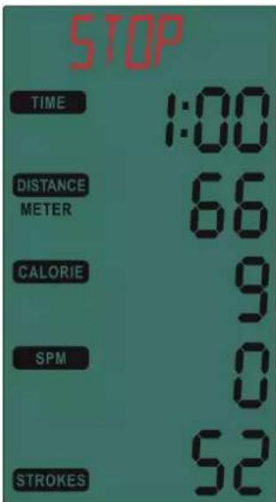 STOP TIME 1:00 DISTANCE 66 METER CALORIE 9 SPM 0 STROKES 52