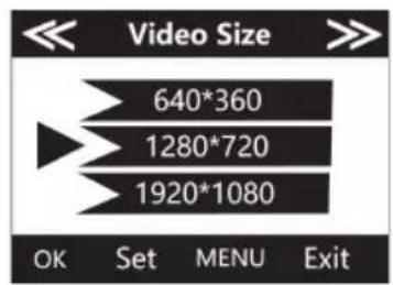 Video Size 640*360 1280*720 1920*1080 OK Set MENU Exit
