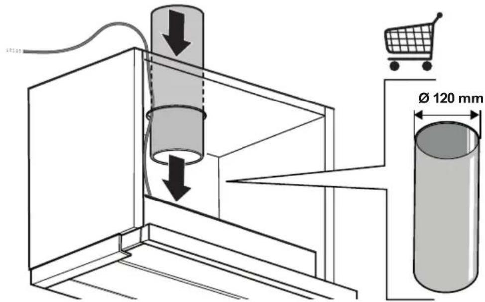 Technical diagram showing a mechanical device with downward arrows indicating flow, and a 120 mm dimension label for measurement.