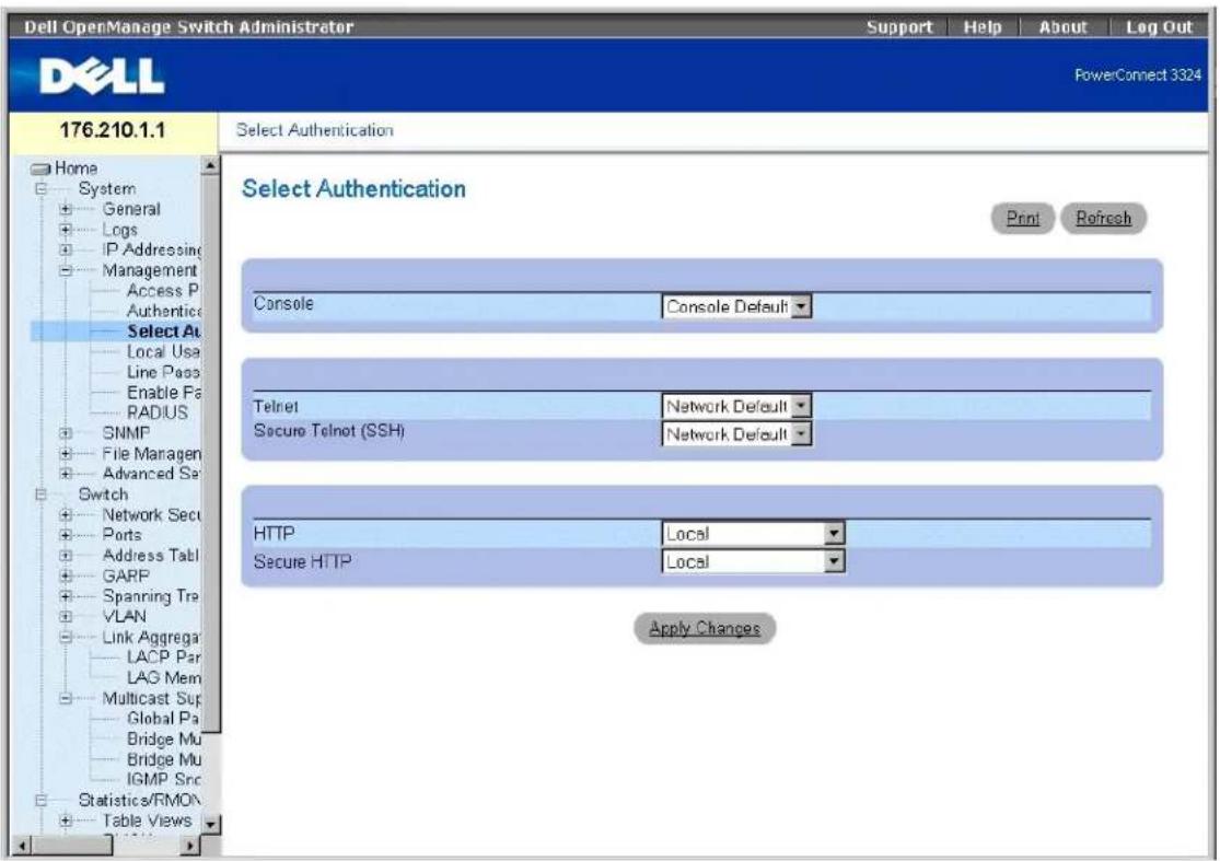 Dell OpenManage Switch Administrator Support Help About Log Out PowerConnect 3324 176.210.1.1 Home System General Logs IP Addressing Management Access P Authentic Select Au Local Usa Line Pass Enable Fa RADIUS SNMP File Manager Advanced Sa Switch Network Secu Ports Address Tabl GARP Spanning Tre VLAN Link Aggrega LACP Par LAG Mem Multicast Sup Global Pa Bridge Mu Bridge Mu IGMP Src Statistics/RMON Table Views Select Authentication Print Refresh Select Authentication Console Console Default Telnet Network Default Secure Telnet (SSH) Network Default HTTP Local Secure HTTP Local Apply Changes