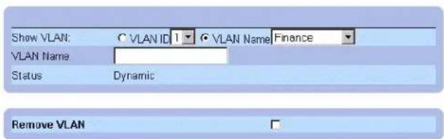 Show VLAN: ○ VLAN ID 1 ● VLAN Name Finance VLAN Name Status Dynamic Remove VLAN