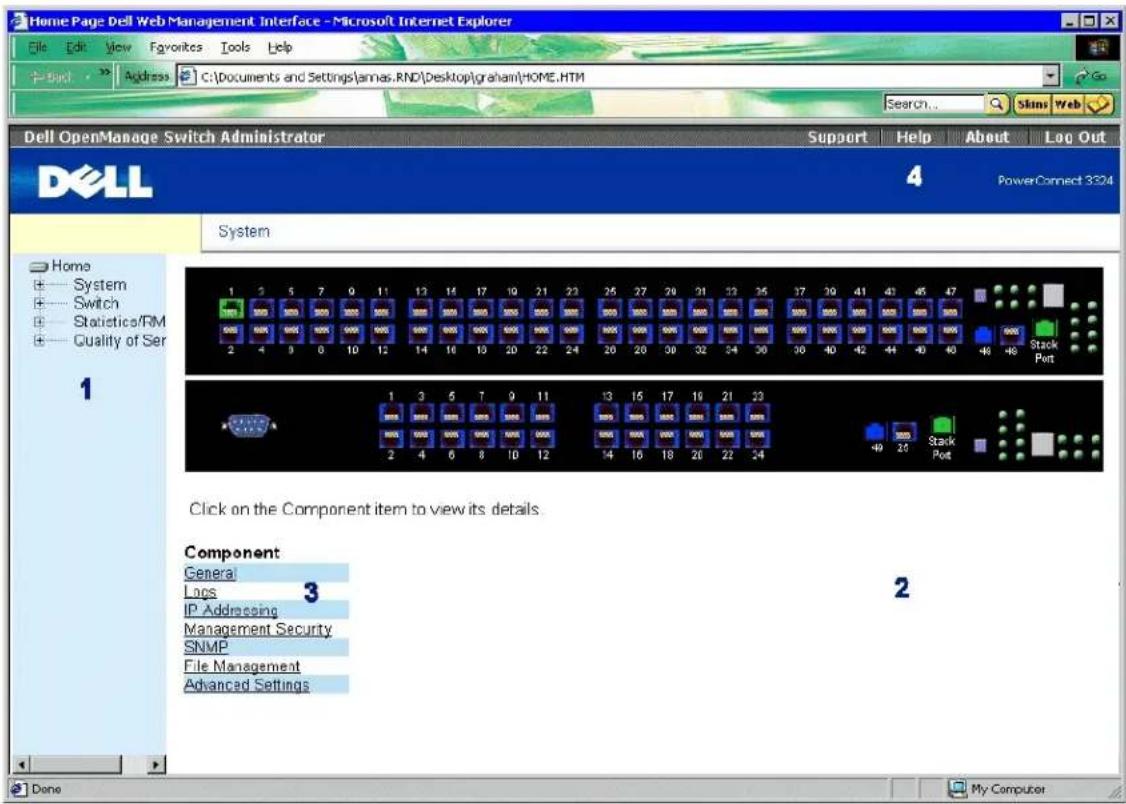Home Page Dell Web Management Interface - Microsoft Internet Explorer File Edit View Favorites Tools Help Address C:\Documents and Settings\annas.RND\Desktop\graham\HOME.HTM Dell OpenManage Switch Administrator Support Help About Log Out DELL 4 PowerConnect 3324 System 1 2 5 7 9 11 13 14 17 19 21 23 25 27 29 31 33 35 37 39 41 43 45 47 2 4 9 0 10 12 14 16 18 20 22 24 26 28 30 32 34 36 38 40 42 44 46 48 Stack Port 1 3 5 7 9 11 13 15 17 19 21 23 2 4 6 8 10 12 14 16 18 20 22 24 -49 Stack Port Click on the Component item to view its details. Component General Logs IP Addressing Management Security SNMP File Management Advanced Settings Done 2
