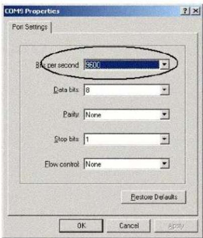 COM9 Properties For Settings Bits per second 9600 Data bits 8 Purity None Stop bits 1 Flow control None Restore Defaults OK Cancel Apply