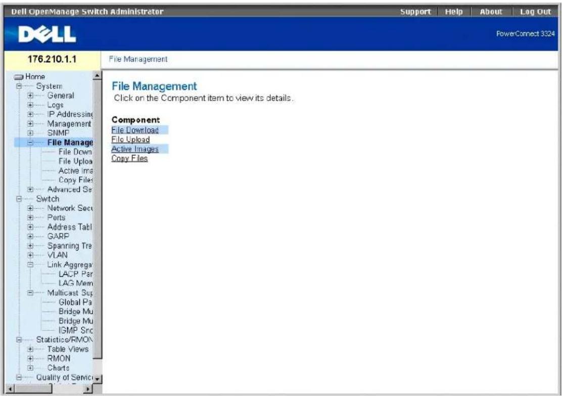 Dell OpenManage Switch Administrator Support Help About Lag Out PowerConnect 3324 176.210.1.1 Home System General Logs IP Addressing Management SNMP File Manage File Down File Upload Active Image Copy Files Advanced Set Switch Network Sec Ports Address Tabl GARP Spanning Tre VLAN Link Aggregate LACP Par LAG Mem Multicast Sup Global Pa Bridge Mu Bridge Mu IGMP Src Statistice/RMON Table Views RMON Charts Quality of Service File Management Click on the Component item to view its details. Component File Download File Upload Active Images Copy Files