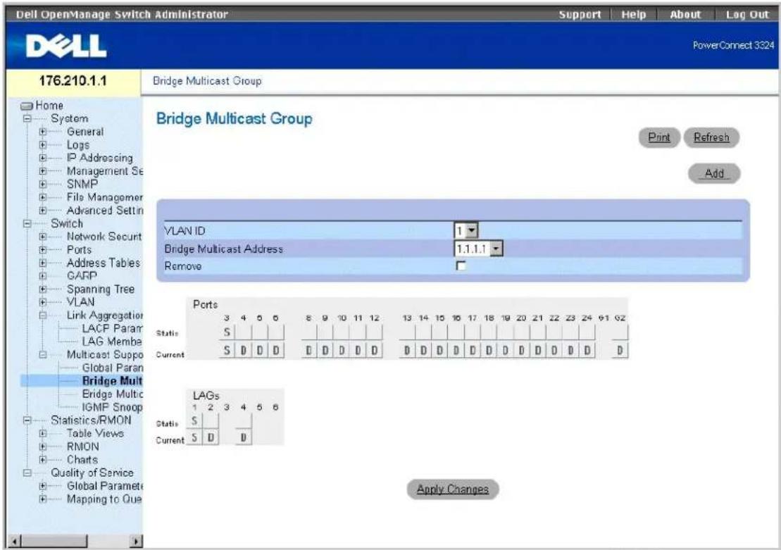 Dell OpenManage Switch Administrator Support Help About Lag Out PowerConnect 3324 176.210.1.1 Bridge Multicast Group Home System General Logs IP Addressing Management Set SNMP File Managerer Advanced Setting Switch Network Securit Ports Address Tables GARP Spanning Tree VLAN Link Aggregation LACF Param LAG Membe Multicast Suppo Global Paran Bridge Mult Bridge Multic IGMP Snoop Statistics/RMON Table Views RMON Charts Quality of Service Global Paramet Mapping to Que Bridge Multicast Group YLAN ID 1 Bridge Multicast Address 1.1.1.1 Remove Ports 3 4 5 6 8 9 10 11 12 13 14 15 16 17 18 19 20 21 22 23 24 61 62 Static S ... Current S D D D D D D D D D D D D D D D D D D D D D D D D D D D D D D D D D D D D D D D D D D D D D D D D D D D D D D D D D D D D D D D D D D D D D D D D D D D D D D D D D D D D D D D D D D D D D D D D D D D D:D LAGs 1 2 3 4 5 6 Status S Current S D D Apply Changes