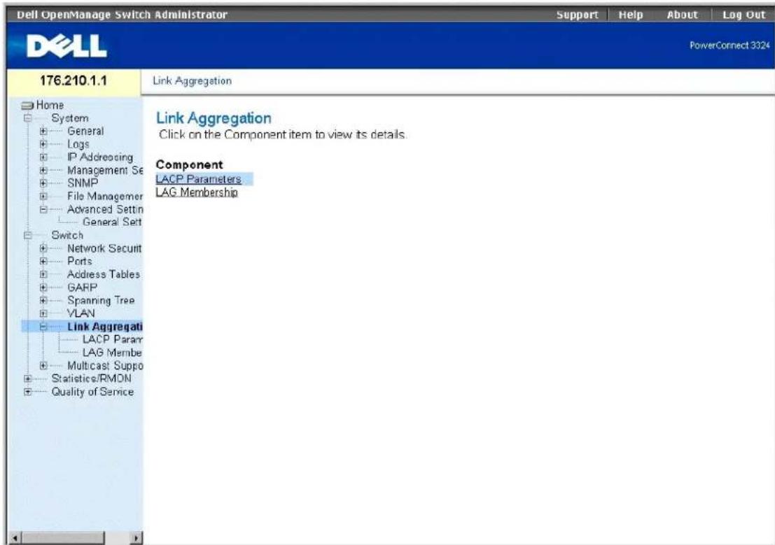 Dell OpenManage Switch Administrator Support Help About Log Out PowerConnect 3324 176.210.1.1 Link Aggregation Link Aggregation Click on the Component item to view its details. Component LACP Parameters LAG Membership Home System General Logs IP Addressing Management Set SNMP File Managerer Advanced Settin General Sett Switch Network Securit Ports Address Tables GARP Spanning Tree VLAN Link Aggregati LACP Param LAG Membe Multicast Suppo Statistics/RMON Quality of Service