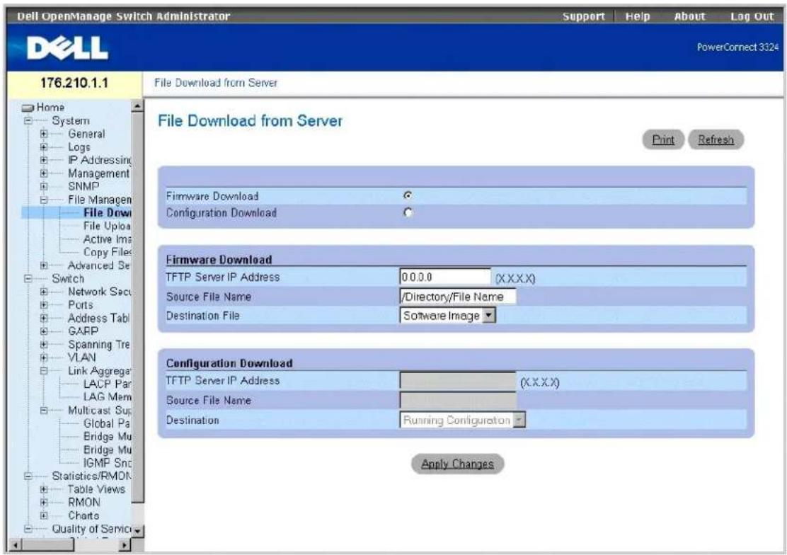 Dell OpenManage Switch Administrator Support Help About Lag Out PowerConnect 3324 176.210.1.1 File Download from Server Home System General Logs IP Addressing Management SNMP File Manager File Down File Upload Active Img Copy Files Advanced Set Switch Network Secs Ports Address Tabl GARP Spanning Tre VLAN Link Aggregate LACP Par LAG Mem Multicast Sup Global Pa Bridge Mu Bridge Mu IGMP Snc Statistics/RMON Table Views RMON Charts Quality of Service File Download from Server Print Refresh Firmware Download Configuration Download Firmware Download TFTP Server IP Address 0.0.0.(X.X.X.X) Source File Name /Directory/File Name Destination File Software Image▼ Configuration Download TFTP Server IP Address (X.X.X.X) Source File Name Destination Running Configuration▼ Apply Changes