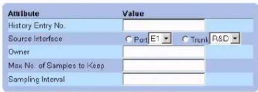Attribute Value History Entry No. Source Interface ○ Port E1 ○ Trunk R&D Owner Max No. of Samples to Keep Sampling Interval