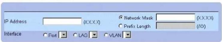 IP Address (X.X.X.X) Network Mask (X.X.X.X) Prefix Length (/CX) Interface Port LAG VLAN