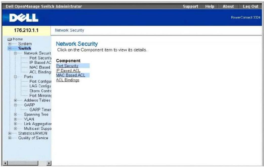 Dell OpenManage Switch Administrator Support Help About Log Out DELL PowerConnect 3324 176.210.1.1 Home System Switch Network Security Port Security IP Based AC MAC Based ACL Binding: Ports Port Configur LAG Configur Storm Contra Port Mirroring Address Tables GARP GARP Timer Spanning Tree VLAN Link Aggregation Multicast Suppo Statistics/RMON Quality of Service Network Security Click on the Component item to view its details. Component Port Security IP Based ACL MAC Based ACL ACL Bindings