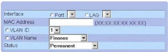Interface Port LAG MAC Address (XX:XX:XX:XX XX:XX) VLAN ID 1 VLAN Name Finance Status Permanent