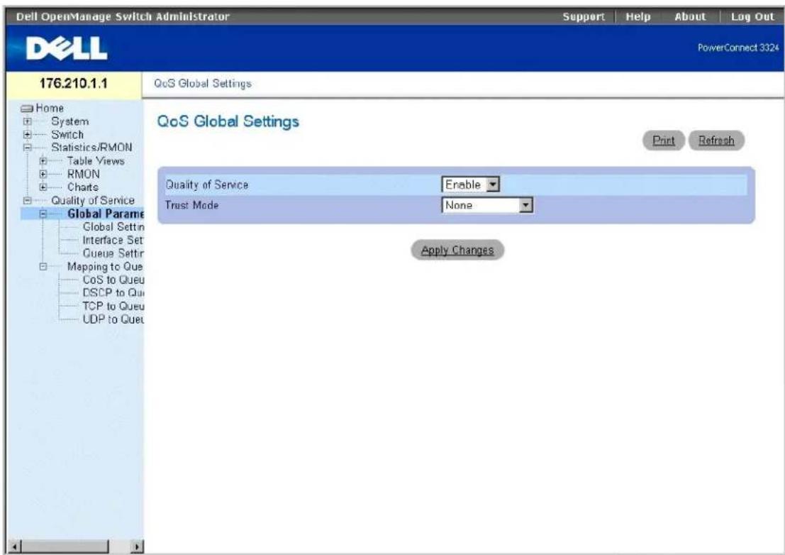 Dell OpenManage Switch Administrator Support | Help | About | Log Out PowerConnect 3324 176.210.1.1 QoS Global Settings Home System Switch Statistics/RMON Table Views RMON Charts Quality of Service Global Parame Global Settn Interface Set Queue Settr Mapping to Que CoS to Queu DSCP to Que TCP to Queu UDP to Queu QoS Global Settings Print Refresh Quality of Service Enable Trust Mode None Apply Changes