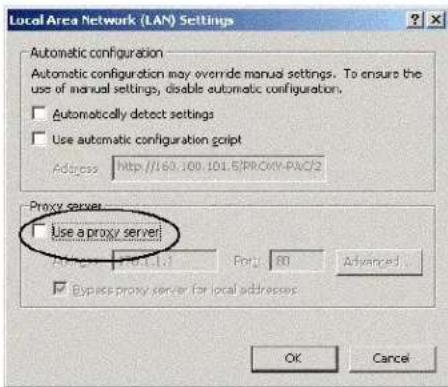 Local Area Network (LAN) Settings Automatic configuration Automatic configuration may override manual settings. To ensure the use of manual settings, disable automatic configuration. Automatically detect settings Use automatic configuration script Address http://160.100.101.5/PROXY-PAC/2 Proxy server Use a proxy server OK Cancel