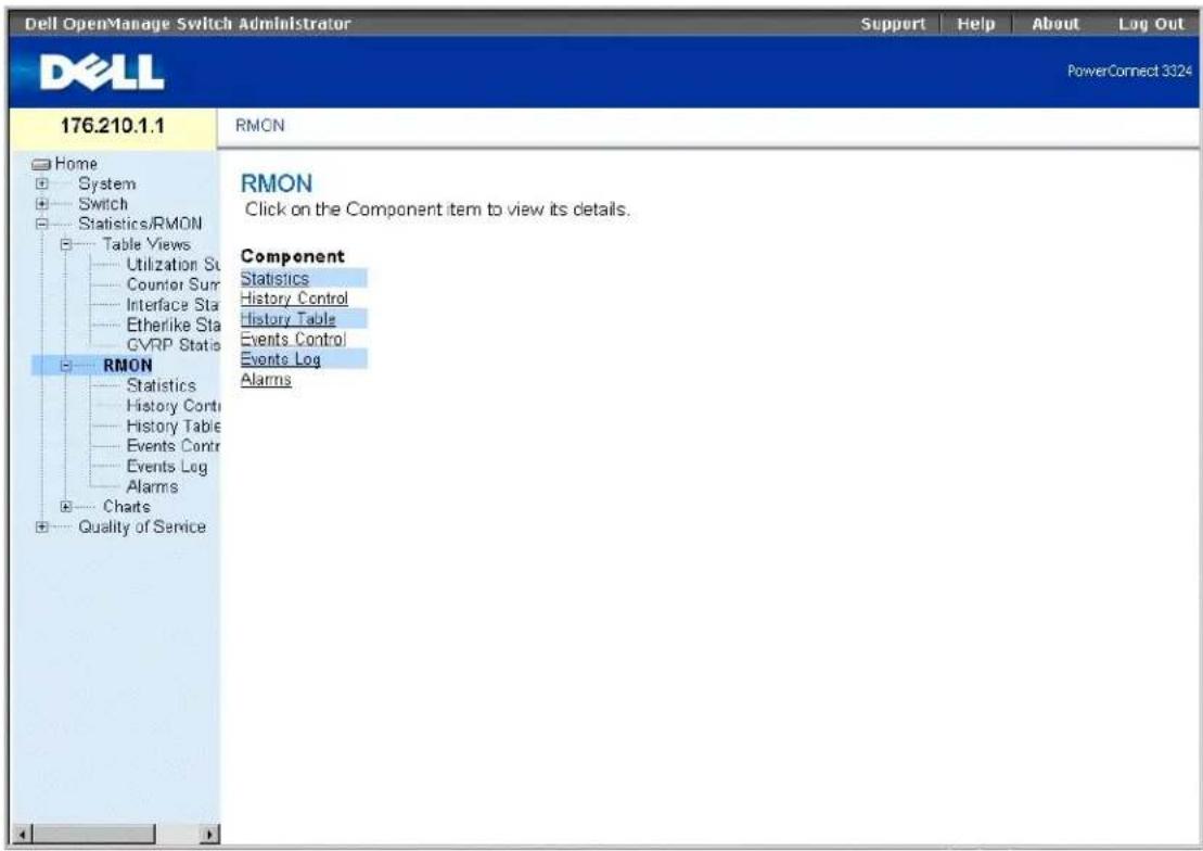 Dell OpenManage Switch Administrator Support Help About Log Out DELL PowerConnect 3324 176.210.1.1 Home System Switch Statistics/RMON Table Views Utilization Sc Counter Sum Interface Sta Etherlike Sta GVRP Statio RMON Statistics History Conti History Table Events Contr Events Log Alarms Charts Quality of Service RMON Click on the Component item to view its details. Component Statistics History Control History Table Events Control Events Log Alarms