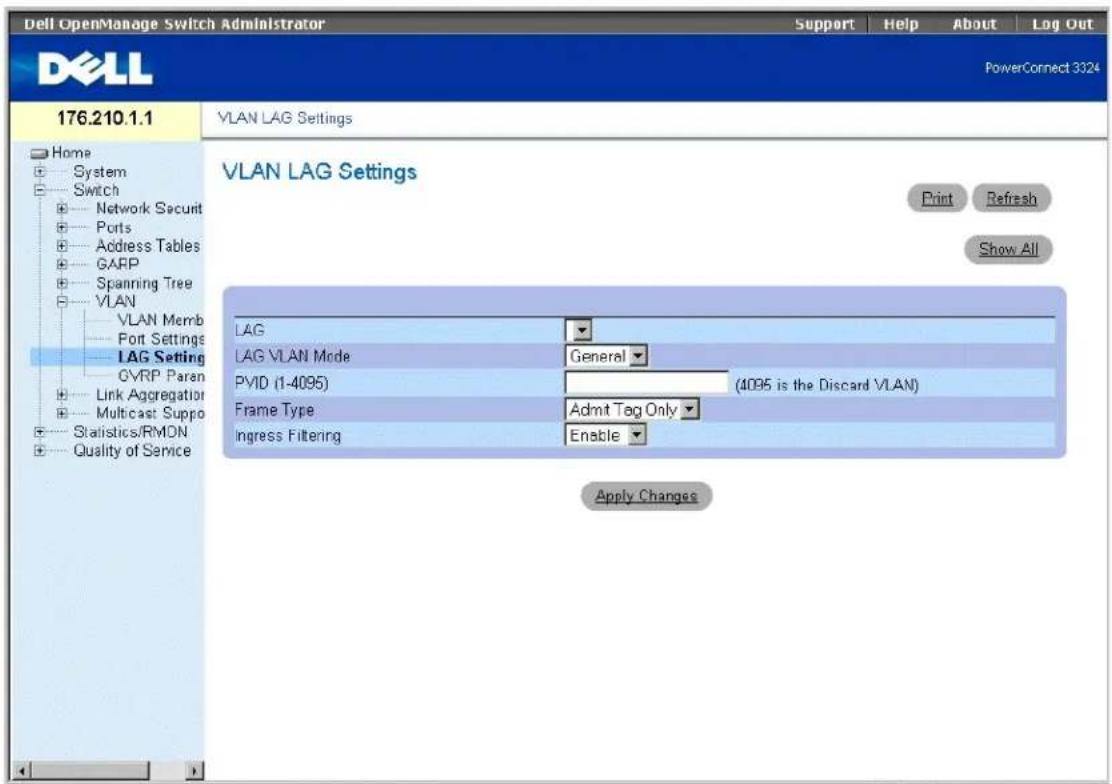 Dell OpenManage Switch Administrator Support Help About Log Out PowerConnect 3324 176.210.1.1 VLAN LAG Settings Home System Switch Network Securit Ports Address Tables GARP Spanning Tree VLAN VLAN Memb Port Settings LAG Setting GVRP Paran Link Aggregation Multicast Suppo Statistics/RMDN Quality of Service VLAN LAG Settings Print Refresh Show All LAG LAG VLAN Mode General PVID (1-4095) (4095 is the Discard VLAN) Frame Type Admit Tag Only Ingress Filtering Enable Apply Changes