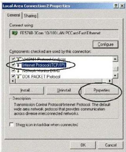 Local Area Connection 2 Properties General Sharing Connect using FE574B-3Com 10/100 LAN PCC card Fast Ethernet Configure Components checked are used by this connection: ✓ VMORNET Protocol Analyzer ✓ Internet Protocol/TCP/API ✓ Network Monitor Driver ✓ DOK PACKET Protocol Install... Uninstall Properties Description Transmission Control Protocol/Internet Protocol. The default wide area network protocol that provides communication across diverse interconnected networks. Show icon in taskbar when connected OK Cancel