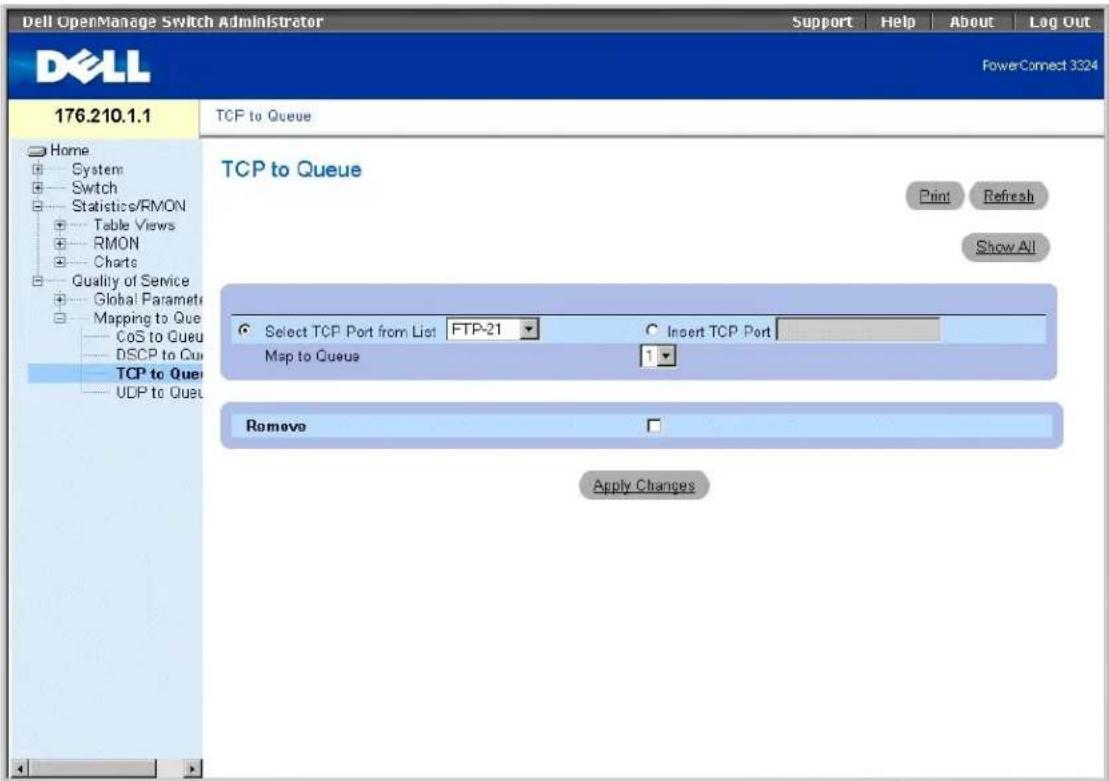 Dell OpenManage Switch Administrator Support Help About Log Out PowerConnect 3324 176.210.1.1 Home System Switch Statistics/RMON Table Views RMON Charts Quality of Service Global Paramet Mapping to Que CoS to Queu DSCP to Cui TCP to Que UDP to Que TCP to Queue Print Refresh Show All Select TCP Port from List FTP-21 C Insert TCP Port Map to Queue 1 Remove Apply Changes