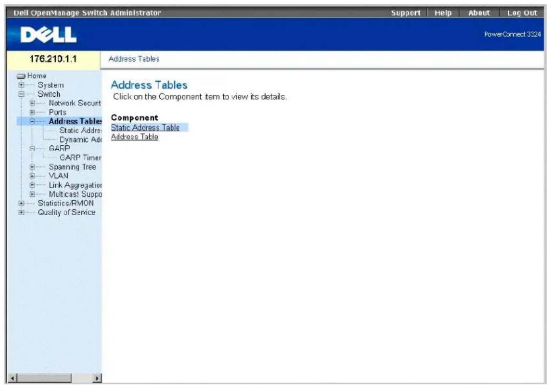 Dell OpenManage Switch Administrator Support Help About Log Out DELL PowerConnect 3324 176.210.1.1 Address Tables Home System Switch Network Securit Ports Address Tables Static Address Dynamic Ado GARP CARP Timer Spanning Tree VLAN Link Aggregation Multicast Suppo Statistics/RMON Quality of Service Address Tables Click on the Component item to view its details. Component Static Address Table Address Table